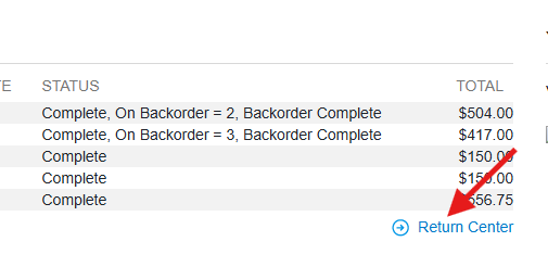 Bookstore order history table with a red arrow pointing to the Return Center link below the orders