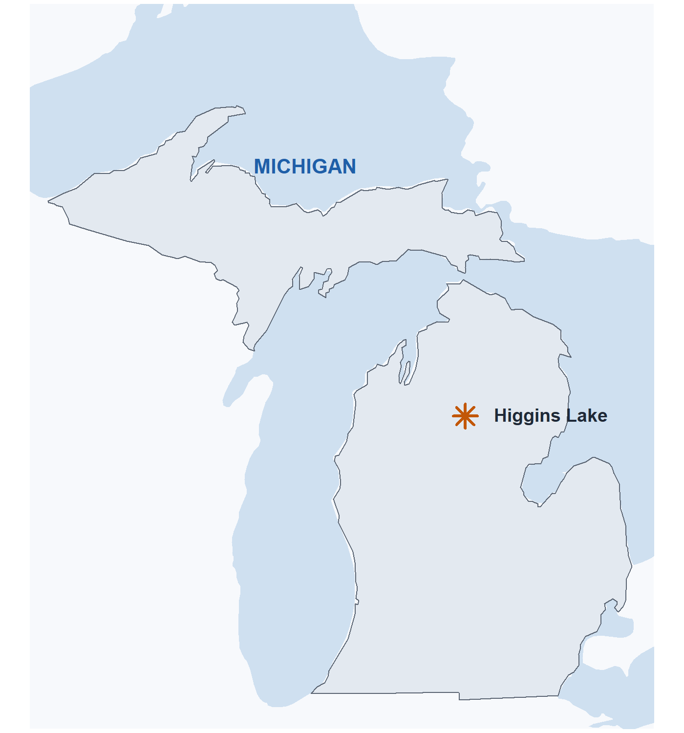 A map of Michigan with a star marking Higgins Lake in the northern lower peninsula.
