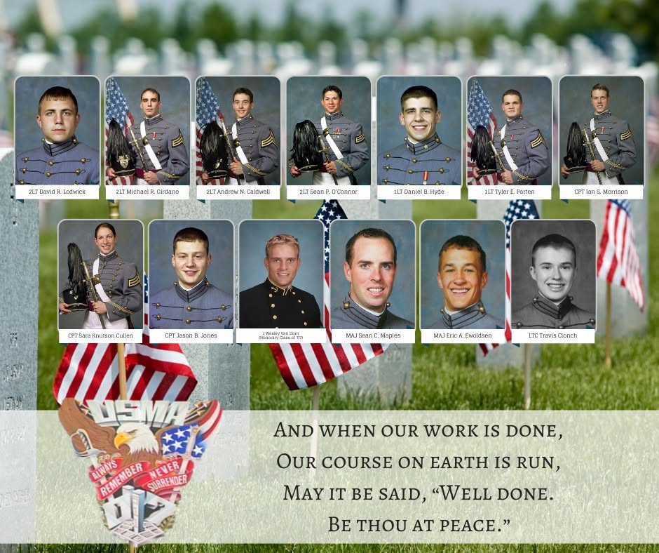 Memorial card for fallen members of the USMA Class of 2007, thirteen portraits in cadet or Army uniform above the class crest and the words: And when our work is done, our course on earth is run, may it be said, well done, be thou at peace.