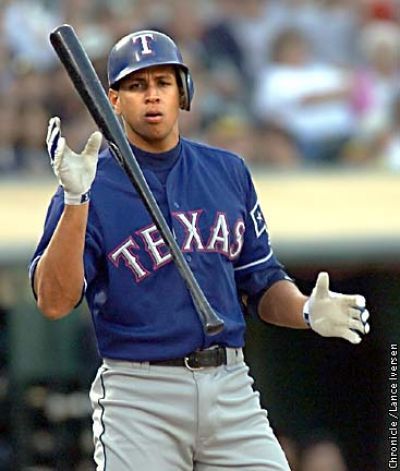 Alex Rodriguez in a Texas Rangers uniform, holding his bat and looking back toward the umpire after a pitch.