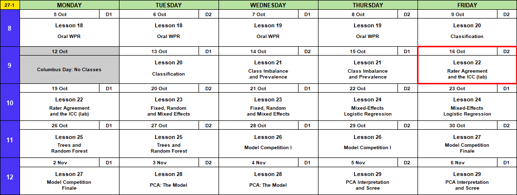Calendar for 5 October to 6 November with a red box around Friday 16 October, Lesson 22, Rater Agreement and the ICC.